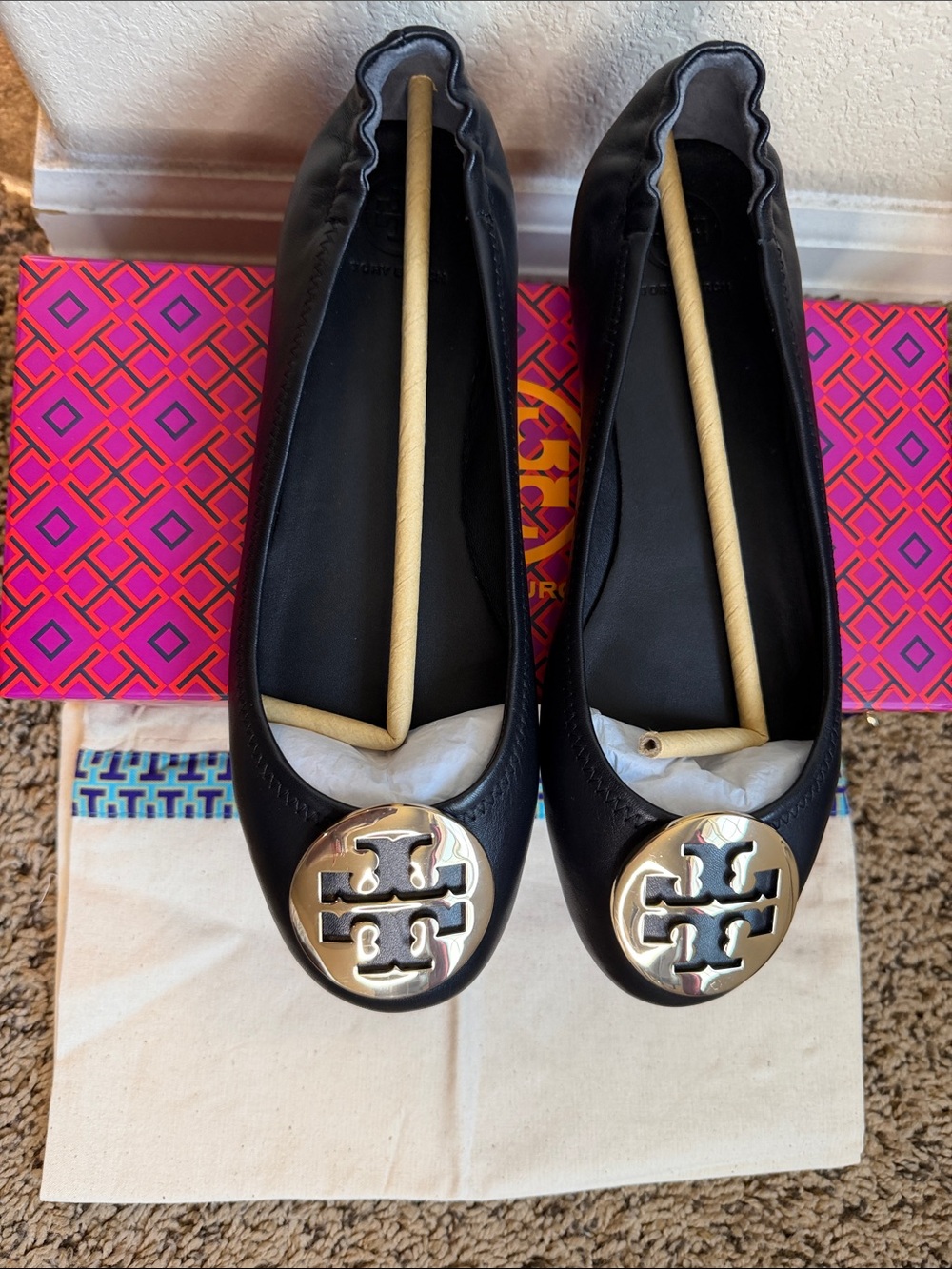 Tory Burch Black Leather Logo Ballet Flats with Gold Medallion